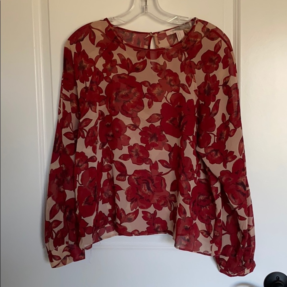 Nude and Red Floral Sheer Blouse